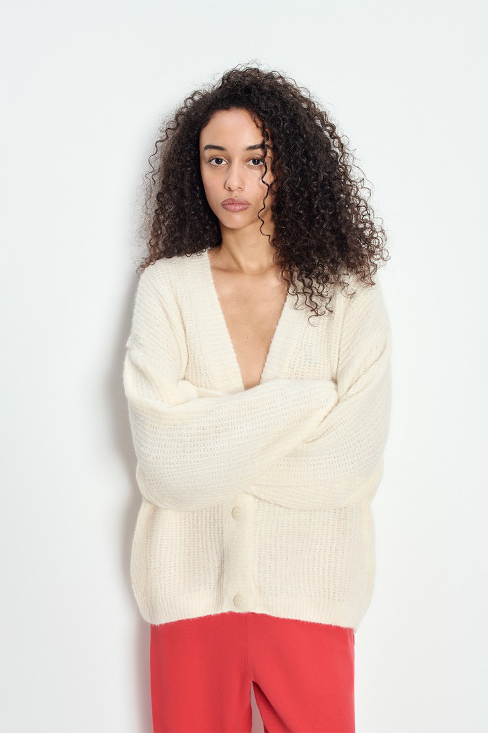 East Button V-Neck Cardigan - Pearl Melange