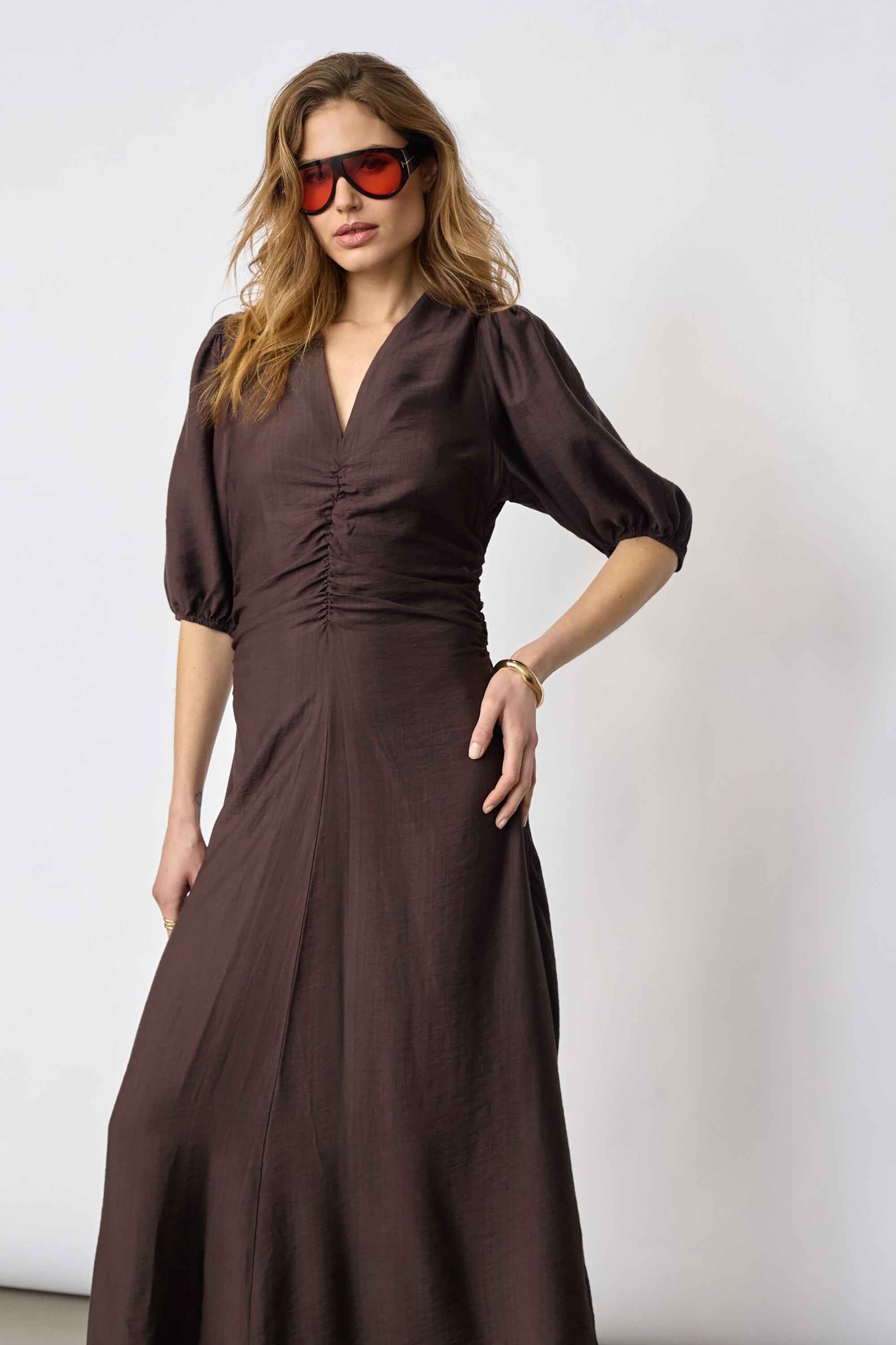 Hera SS Puff Dress - Dark Brown