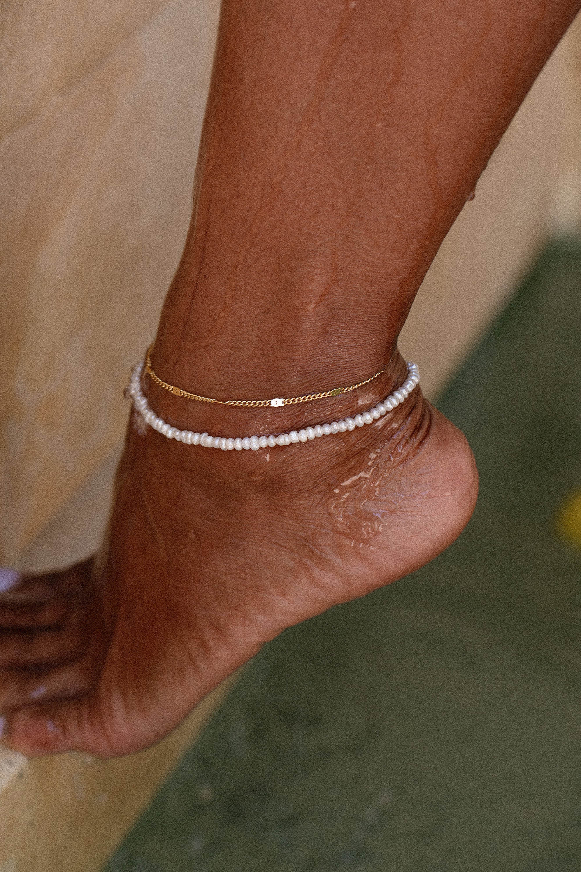 Beaded Curb Chain Anklet - Gold