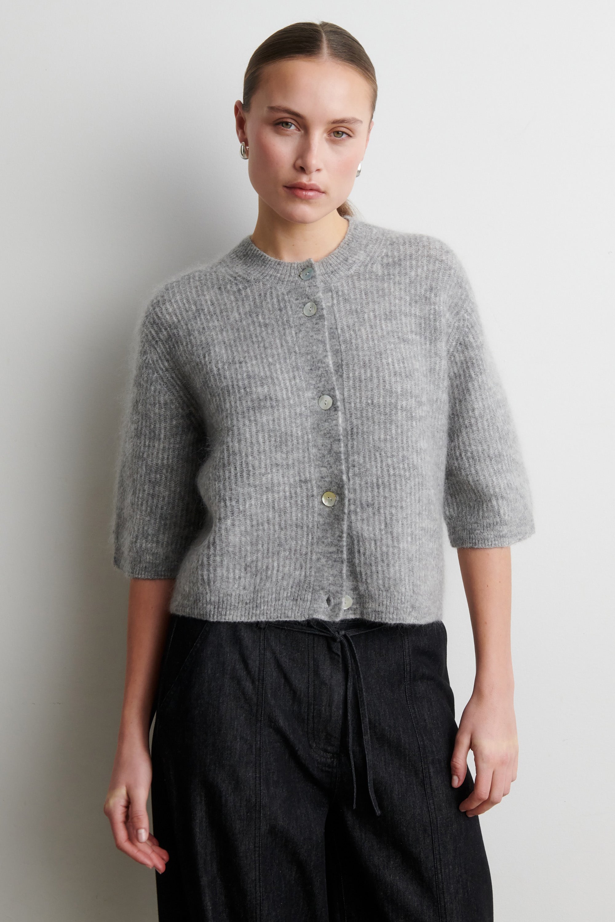 Andrea Knit Rib Cardigan - Grey Melange