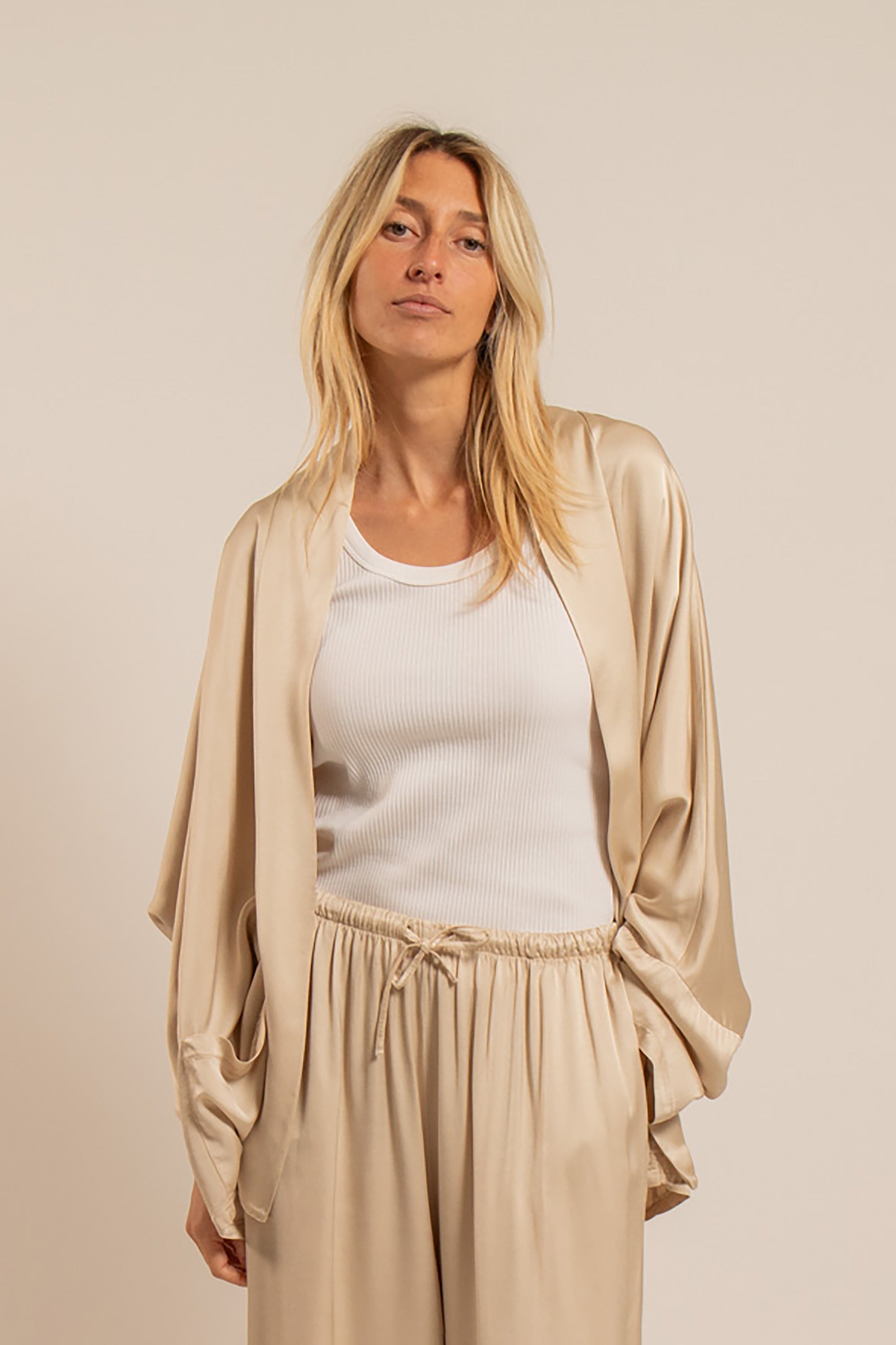 Chic Silky Kimono Jacket - Sable