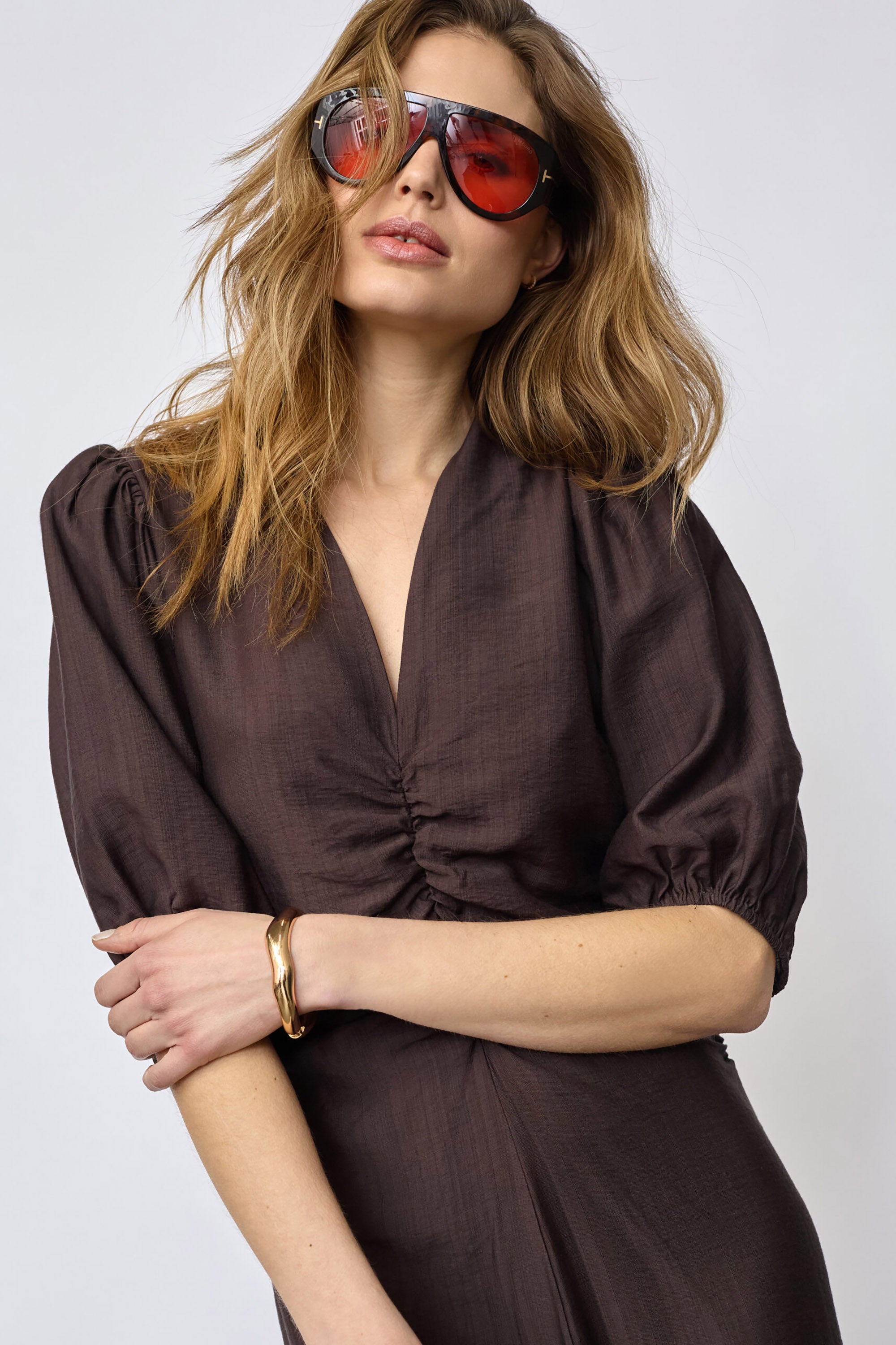 Hera SS Puff Dress - Dark Brown
