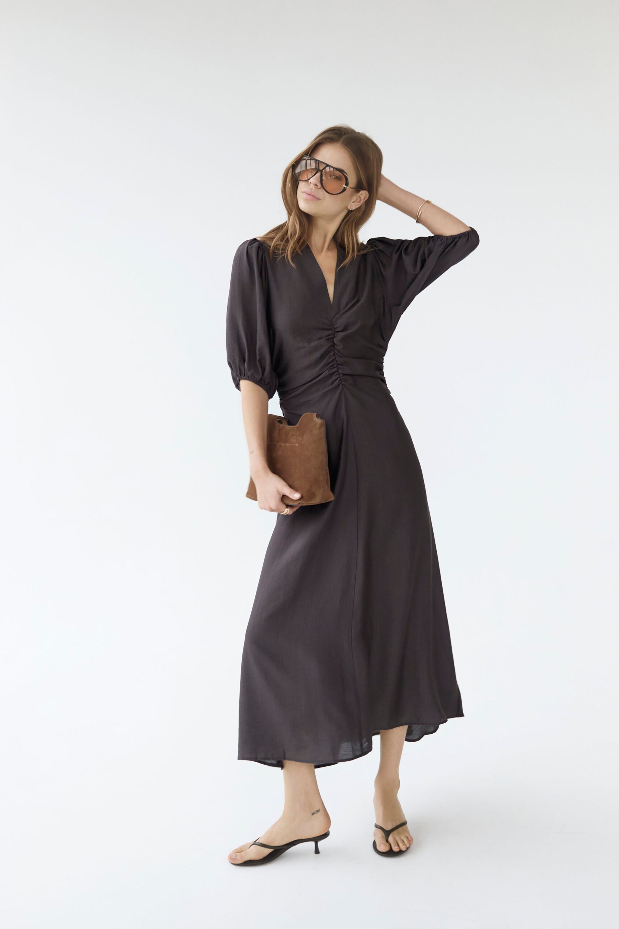 Hera SS Puff Dress - Dark Brown