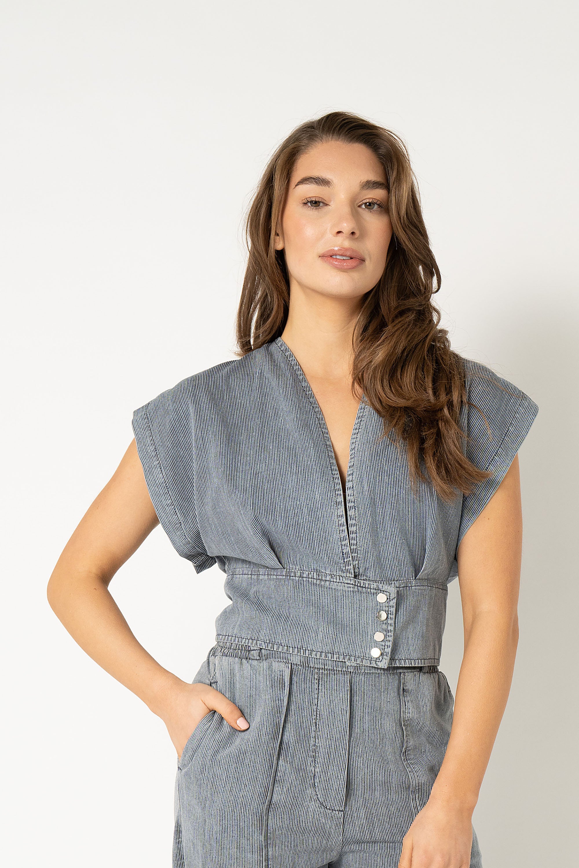 Pfeiffer Denim Top - Destroyed Denim Striped