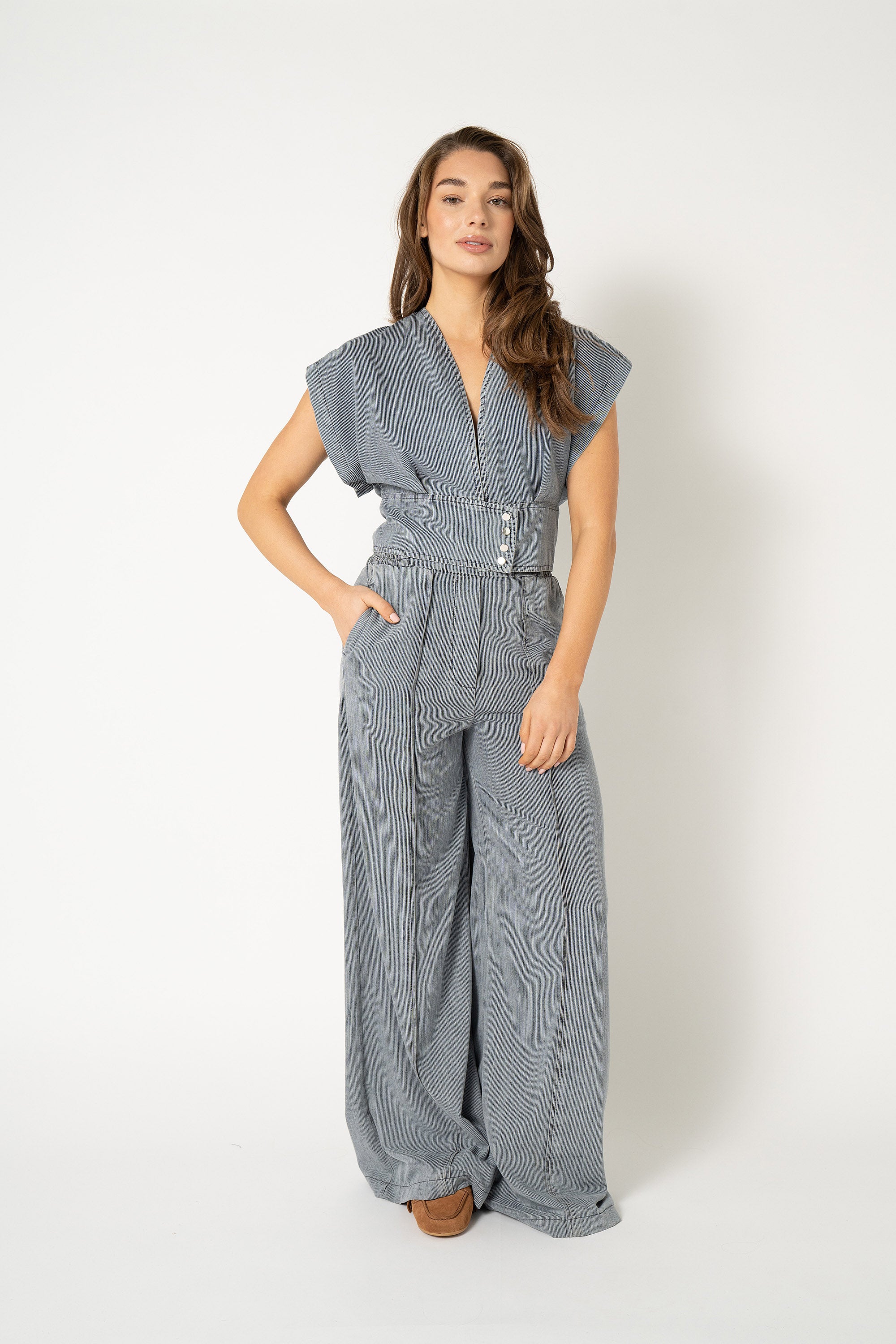 Pfeiffer Denim Top - Destroyed Denim Striped