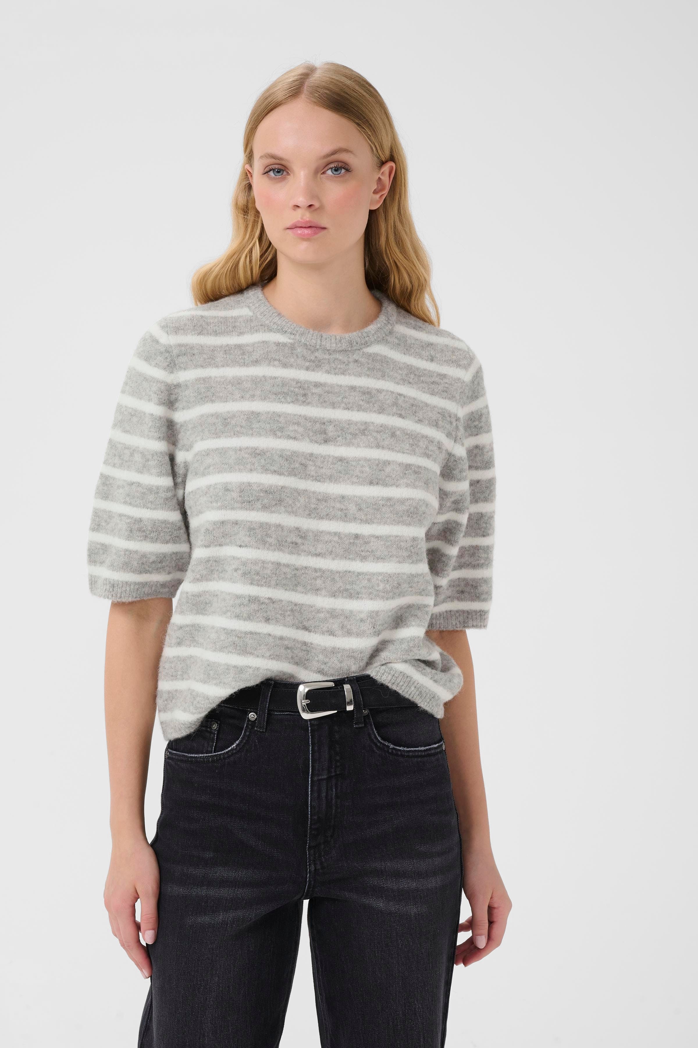 Alpha SS Tee Striped - Light Grey Melange / White