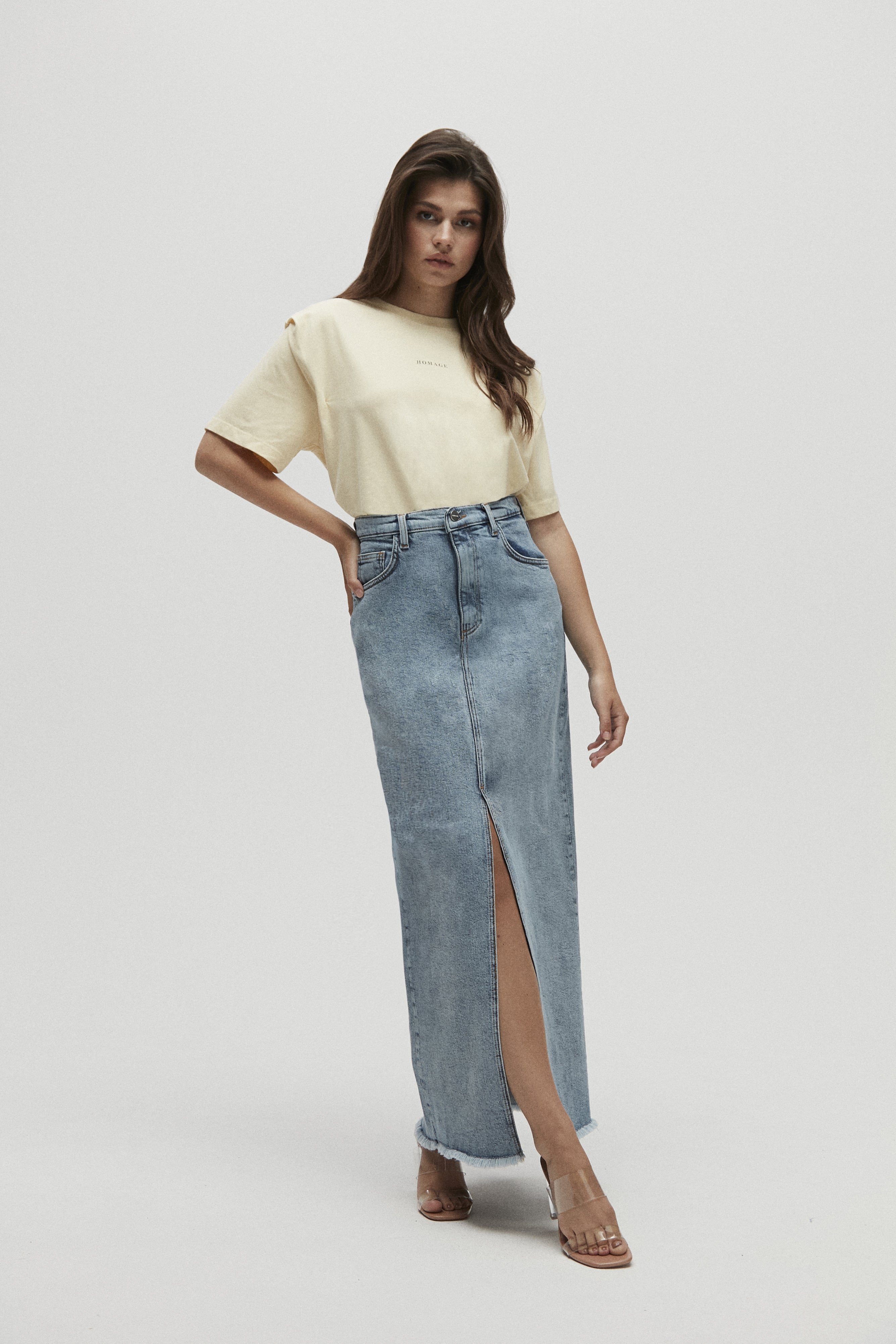 Long Denim Skirt with Slit - Mid Vintage