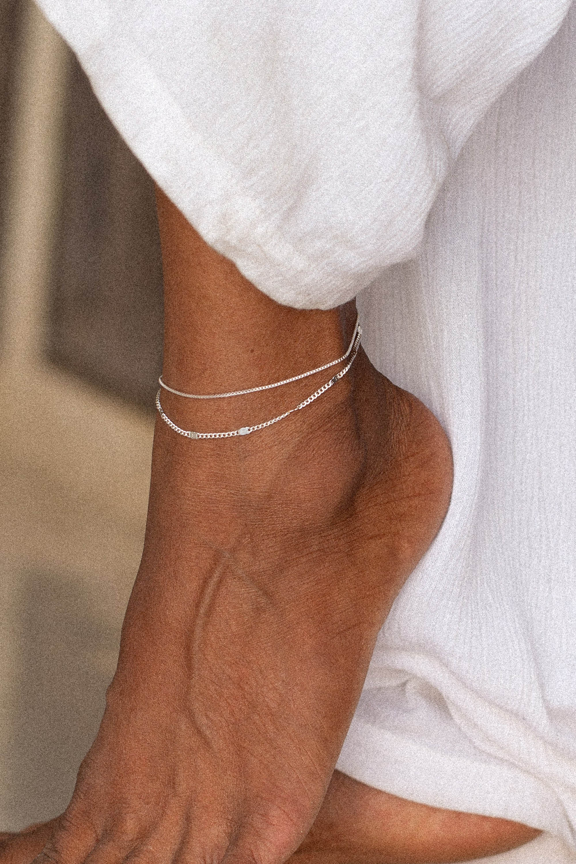 Beaded Curb Chain Anklet - Silver