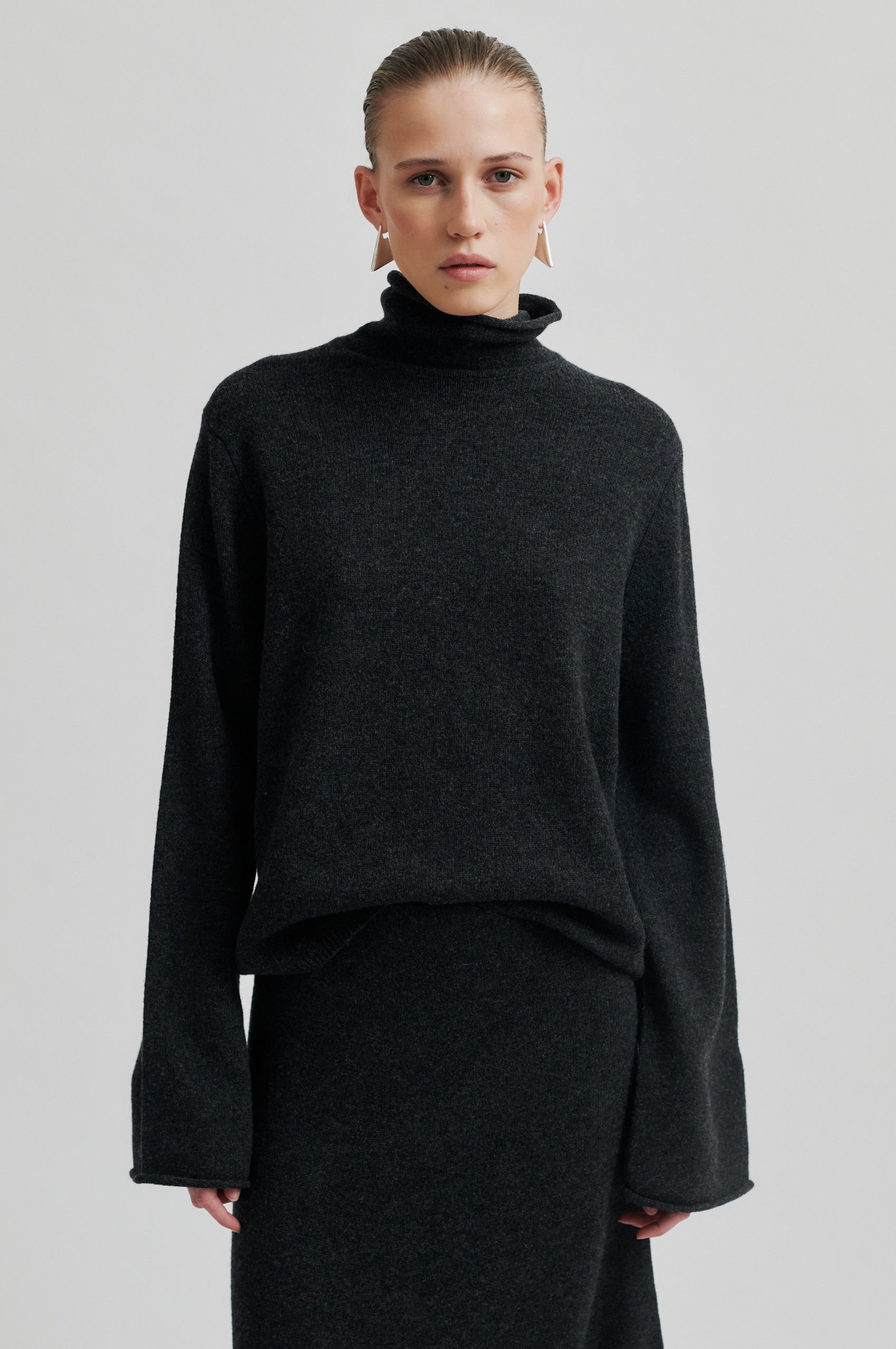 Neva Knit T-Neck Jumper - Dark Grey Melange