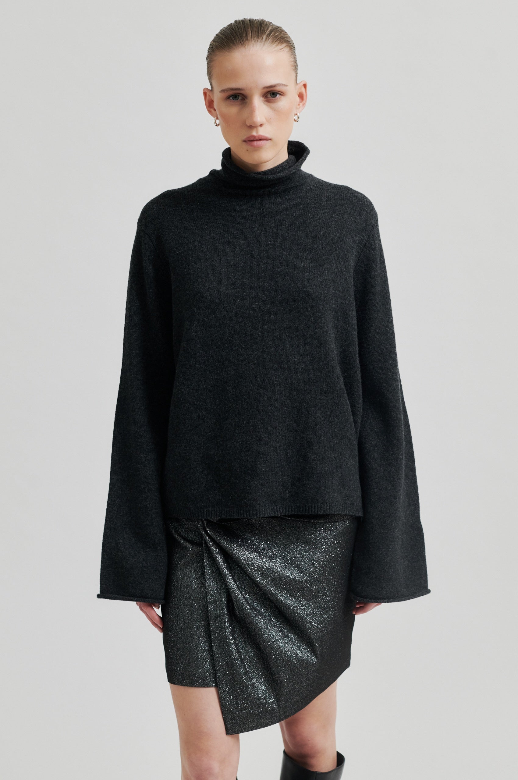 Neva Knit T-Neck Jumper - Dark Grey Melange