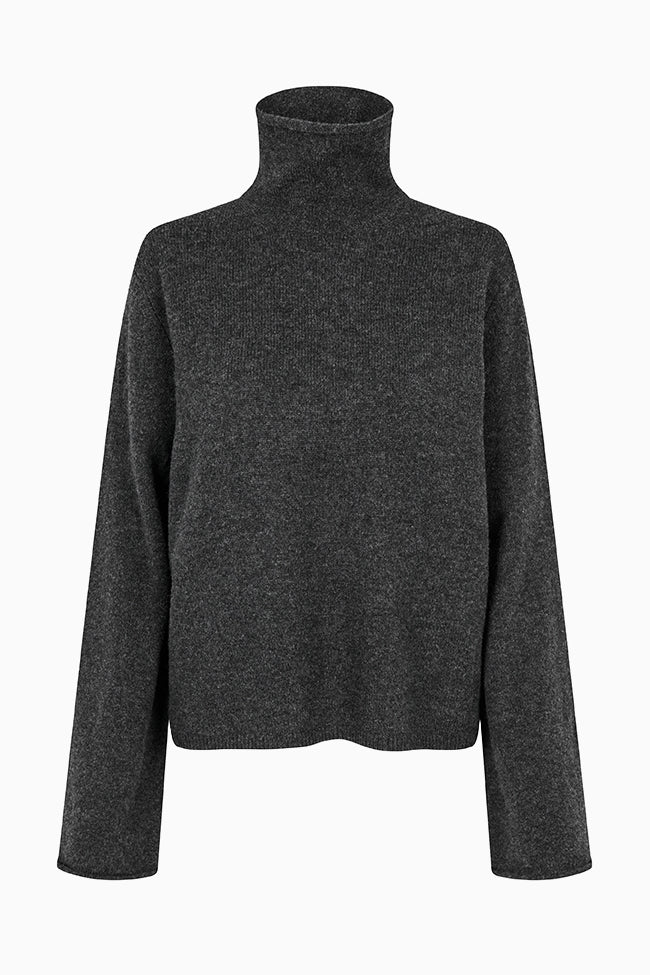 Neva Knit T-Neck Jumper - Dark Grey Melange